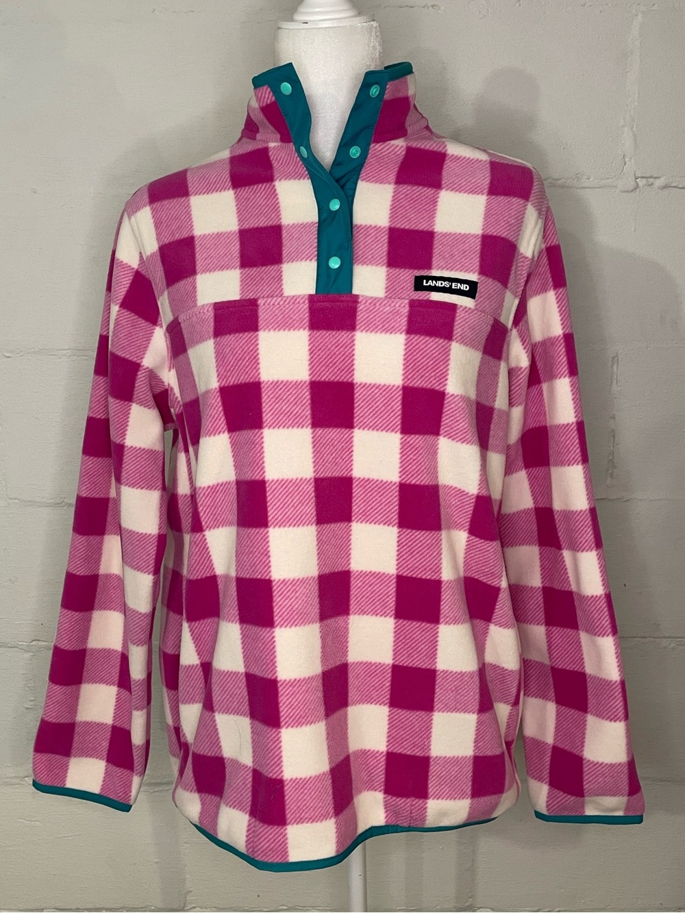 Lands' End Pink and White Buffalo Check Fleece Pullover